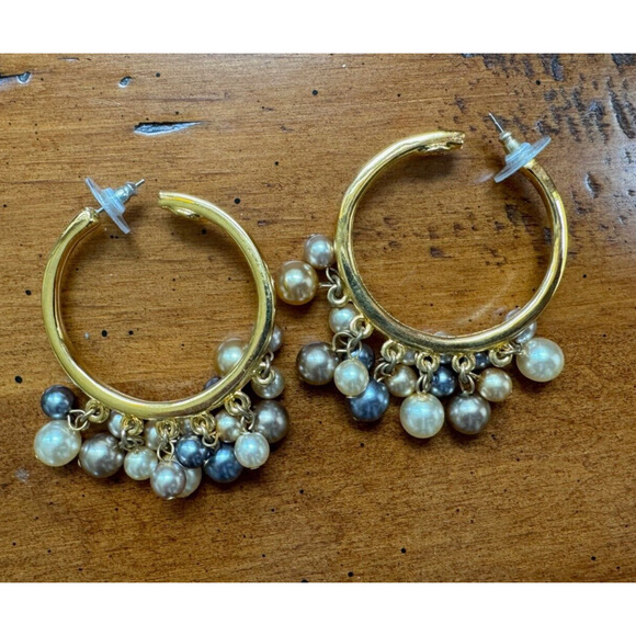 KJL Kenneth Jay Lane Earrings Gold Tone Hoop Faux Pearl Dangle Multicolor - Picture 2 of 5